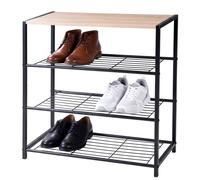 GEEZY 3 Tier Metal Shoe Rack with Wooden Seat Hallway Bench Storage Organiser Stand