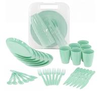 GEEZY 31 Piece Picnic Set for 6 People - Reusable Camping Dinner Set with Carry Box, Green Plates & Cups, Dishwasher Safe Camping Cutlery - Great for Outdoor BBQs, Summer Holidays, Poolside