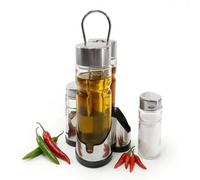 GEEZY 4 Piece Condiment Set for Table 100ml & 30ml - Elegant Glass Cruet Set, Oil Vinegar Dispensers, Salt Pepper Shakers, Stainless Steel Stand - Great for Dining, Cooking, Kitchens