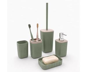 GEEZY 5 Piece Sage Green Bathroom Accessories Set - Soap Dispenser, Toothbrush Holder, Dish, Cup & Toilet Brush - Modern Vanity Essentials Kit for Sink Decor