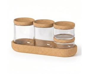 GEEZY 5 Piece Storage Jars with Lids, Apothecary Makeup Organiser Set - 4 Containers with Cork Base - Cotton Pad & Bud Holder, Vanity Storage for Bathroom, Dressing Table, Skincare, Hair Accessories