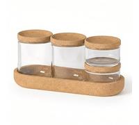 GEEZY 5 Piece Storage Jars with Lids - Clear Organiser Set with Cork Base | Declutters surfaces & organises daily items. Clear plastic jars with cork lids & tray. Ideal for bathroom, vanity & desk.