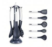 GEEZY 6 Piece Kitchen Utensil Set with Rotating Stand - Non-Scratch Cooking Tools for Pots & Pans, Heat Resistant Grey Accessories Holder - Dishwasher Safe Serving Spoons & Spatula