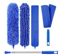GEEZY 6 Piece Microfiber Duster Set with Extendable Pole 16-100" - Telescopic Feather Duster, Chenille Head & Crevice Brush - Blue Bendable Long Reach Cleaning Tools for Ceilings, Blinds & Fans