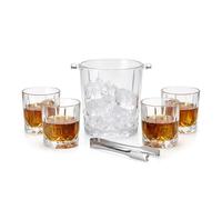 GEEZY 6 Piece Whiskey Glasses Set with Ice Bucket & Tongs - 4 Crystal Style Drinking Glasses for Gin, Vodka, Rum - 340ml Dishwasher Safe Tumbler Glassware for Men