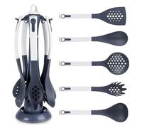 GEEZY 6Pcs Kitchen Utensils Set with Holder Rotating - Dishwasher Safe, Food Grade, Space Saving - Plastic Cooking Utensils Set, Grey Utensil Set and Holder, Plastic Utensils for Non Stick Pans