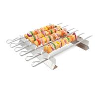 GEEZY 8-Piece Stainless Steel BBQ Skewer Rack Set - Adjustable 6-Notch Grill Stand & Six 42cm Flat Metal Skewers - Elevated BBQ Accessories for Grilling Adana Kebabs, Chicken, Fish & Shrimps