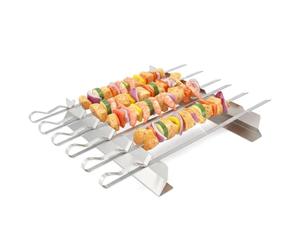 GEEZY 8-Piece Stainless Steel BBQ Skewer Rack Set - Adjustable 6-Notch Grill Stand & Six 42cm Flat Metal Skewers - Elevated BBQ Accessories for Grilling Adana Kebabs, Chicken, Fish & Shrimps