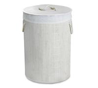 GEEZY Bamboo Laundry Basket Hamper with Lid, Rope Handles & Removable Liner - White Round Shape, Odour-Blocking, Easy Assembly, Space Saving - Wooden Laundry Bin for Clothes, Bedrooms & Bathrooms