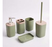 GEEZY 5 Piece Bathroom Accessories Set - Soap Dispenser, Toothbrush Holder, Dish, Cup & Toilet Brush - Sage Green Sleek Modern Toilet Accessory Essentials