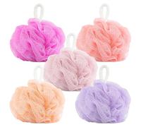 GEEZY Body Loofah Shower Puff Set of 5 with Zip Mesh Storage Bag - Assorted Colours (Shades of Blue or Pink), Soft Exfoliating Wash Scrunchies with Hanging Loop - Loofa Shower Pouffe for Men & Women