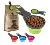 MTS 3 in 1 Collapsible Pet Food Scoop with Bag Clip - Silicone Dog Measuring Cup & Cat Feeding Bowl - Portable Travel Accessories 2 Cup Capacity for Portion Control, Dry Wet Kibble & Water