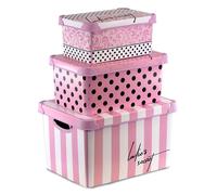 GEEZY Decorative Storage Boxes with Lids Set of 3 Pink Plastic Stackable Containers