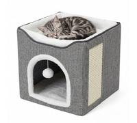 Geezy Foldable Indoor Cat House With Scratch Pad 2-In-1 Pet Hideaway Condo Kitten Bed