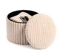 Geezy Foldable Ottoman Storage Stool Round Plush Collapsible Beige Footstool With Lid