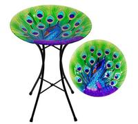 Geezy Garden Bird Bath Glass Table Peacock Design Free Standing Feeder Decoration