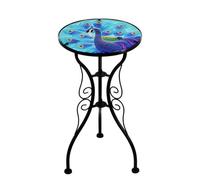 Geezy Garden Glass Round Coffee Table Blue Peacock Design Mosaic Patio Table
