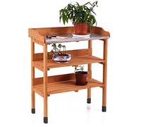 GEEZY Garden Potting Table Wooden Work Bench - 3 Tier Greenhouse Staging with Metal Top & Tool Hooks - Outdoor Plant Station & Flower Stand with Storage Shelves