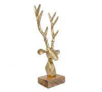GEEZY Reindeer Head Gold Ornament Metal Deer Bust Statue Wooden Base Christmas Decor