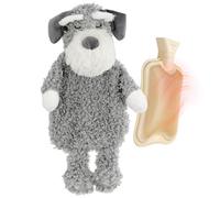 Geezy Hot Water Bottle With Removable Cover Dog Plush Faux Fur Soft Polyester 1L Grey
