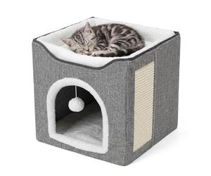 GEEZY Large Collapsible Indoor Cat House with Scratch Pad & Hanging Ball - 2-in-1 Foldable Cat Cave & Soft Lounger Bed - Stackable Hideaway Igloo for Pet Kittens