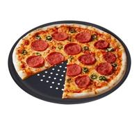GEEZY Large Non-Stick Pizza Baking Tray 32cm - Round Black Carbon Steel | Perforated holes circulate oven heat for crisp flatbread dough. Fridge, freezer and dishwasher safe plate fits family meals.