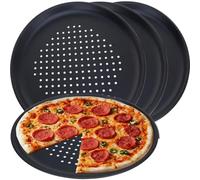 GEEZY Large Non-Stick Pizza Baking Tray 32cm, Set of 4 - Round Carbon Steel | Perforated holes circulate oven heat for crisp flatbread dough. Fridge, freezer and dishwasher safe plate fits family meals.