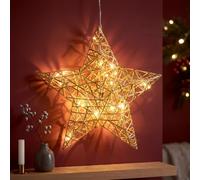 GEEZY LED Light-Up Hanging Christmas Star, 30cm Champagne Gold Metal Frame | Pre-lit 20 warm white micro bulbs illuminate via 6-hour timer. Battery operated 150cm cord fits indoor windows or walls.