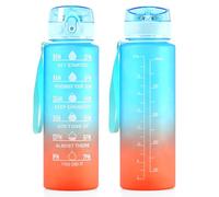 GEEZY Motivational Water Bottle with Time Markings 1L in Blue and Orange - One Click Open Flip Top, Locking Mechanism, Leakproof, BPA Free - Suitable for Home Office Gym School Outdoors (Set of 2)
