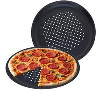GEEZY Non-Stick Pizza Baking Tray 32cm, Set of 2 - Round Black Carbon Steel | Perforated holes circulate oven heat for crisp flatbread dough. Fridge, freezer and dishwasher safe plate fits family meals.
