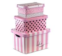 GEEZY Pink Storage Boxes with Lids Set of 3 (22, 10, 5L) - Nesting Stackable Plastic Containers with Handles, Bedroom, Wardrobe, Office - Decorative Patterned Boxes for Toys, Clothes, Girls Room
