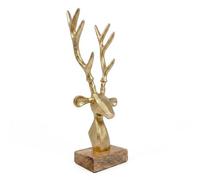 GEEZY Reindeer Head Gold Ornament Metal Deer Bust Statue Wooden Base Christmas Decor