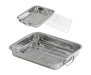GEEZY Roasting Tin with Rack - Stainless Steel Roasting Tray with Integrated Folding Handles, Dishwasher Safe - Kitchen Deep Oven Tray for Chicken, Small Turkey, Meat, Vegetables, Stews, Casseroles