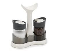GEEZY Salt and Pepper Shakers Set - Glass Cruet Pots with Stand, Kitchen Dining Table Condiment Holder - Refillable Spice Container for Home & Restaurant