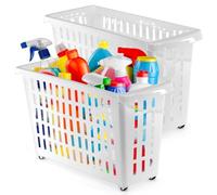 GEEZY Set of 2 White Plastic Storage Baskets with Wheels - Rolling Bins and Space-Saving Organisers for Home, Shelves, Utility Room, Under Kitchen Sink Counter, 46 x 17.5 x 26.5cm