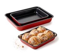 GEEZY Set of 3 Non-Stick Baking & Roasting Trays (25.5, 28.5 & 31.5cm), Red | Carbon steel tins with handles. Non-stick finish for easy food release. Ideal for oven roasting meat, fish & vegetables.