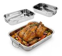 GEEZY Set of 3 Stainless Steel Roasting Tins (27, 31 & 36cm) - Large Rectangular Oven Roasting Tray with Movable Handles - Deep Nesting Baking Dish for Cooking Meat, Lasagne & Turkey