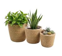 GEEZY Set of 3 Wicker Planter Baskets 24.5/22.5/18 cm - Leakproof Indoor Flower Pot & Rattan Storage Hamper, Woven Seagrass, Built In Plastic Lining - Great for Houseplants, Toiletries, Makeup, Toys