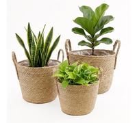 GEEZY Set of 3 Wicker Planter Baskets with Handles, 27/30/37 cm - Leakproof Indoor Flower Pot & Rattan Storage Hamper, Woven Seagrass, Built In Plastic Lining - Great for Houseplants, Toys, Clothes