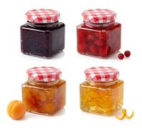 GEEZY Set of 4 Mini Glass Jars 75 ml with Airtight Red Gingham Screw Top - Leakproof Travel Cosmetic Pots & Organiser - Small Containers for Creams, Crafts, Spices, Jams, Honey & Wedding Favours