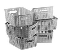 GEEZY Small Plastic Storage Baskets Set of 6 - Stackable Home Organisers, Grey Woven Style, Handle Cutouts - Great for Kitchen Cupboards, Bathroom Shelves, Office Desk, 10 x 18 x 25cm