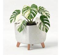 GEEZY Square Plant Pot with Legs, 29 cm - Cream Stone Effect Outdoor & Indoor Planter - Modern Flower Pot Stand with Drainage & Self Watering Reservoir for House Plants, Succulents & Living Room