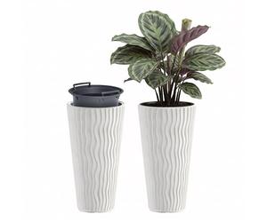 GEEZY Tall Slim Wavy Plant Pot with Insert, 53.1 x 29.7 cm - Weather Resistant White Indoor & Outdoor Planter - Modern Flower Pots for Home, Garden & Patio
