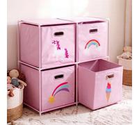 GEEZY The Magic Toy Shop Kids Cube Storage Unit With 4 Pink Unicorn Collapsible Cubes Toy Organiser