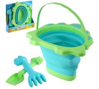 The Magic Toy Shop Pool Toys Play Sand Pit Kits Beach Bucket and Spade Set for Kids Pink Dinosaur Shaped Collapsible Foldable Plastic Bucket Outdoor