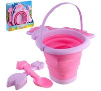 The Magic Toy Shop Pool Toys Play Sand Pit Kits Beach Bucket and Spade Set for Kids Pink Unicorn Shaped Collapsible Foldable Plastic Bucket Outdoor