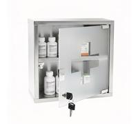 GEEZY Wall Mounted Medicine Cabinet Lockable First Aid Storage Box, 30 x 30 x 12cm - Stainless Steel & Frosted Glass Bathroom Organiser with 2 Shelves - Secure Key Lock Medication Cupboard