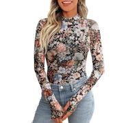 Gefevoqe Women's Pullover High Neck Long Sleeved Tops Sexy Slimming Floral Printed Mesh Base T-Shirt Black