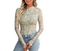Gefevoqe Women's Pullover High Neck Long Sleeved Tops Sexy Slimming Floral Printed Mesh Base T-Shirt Green