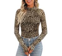 Gefevoqe Women's Pullover High Neck Long Sleeved Tops Sexy Slimming Floral Printed Mesh Base T-Shirt Khaki